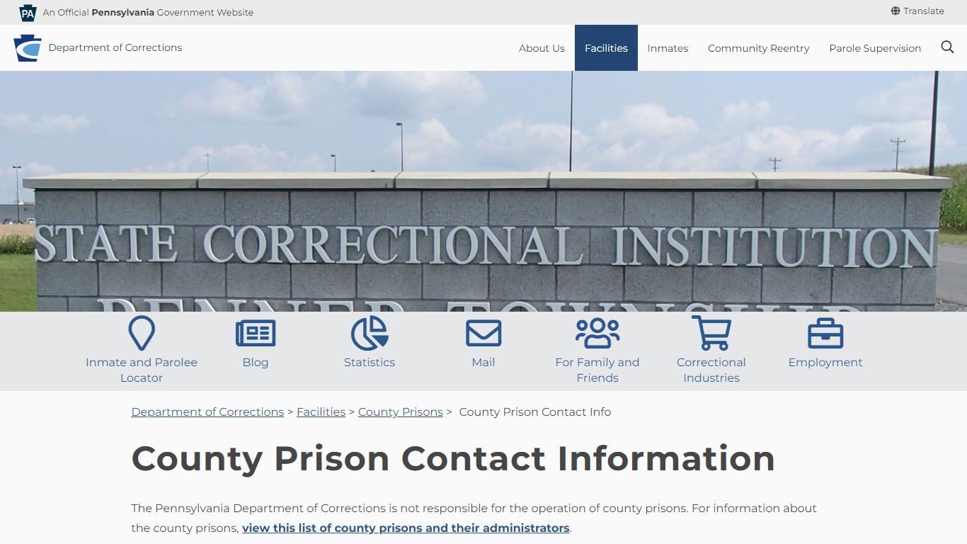 County Prison Contact Info - Pennsylvania Department of Corrections